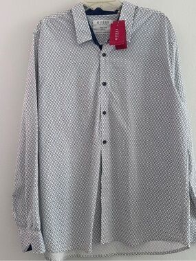 GUESS Men's White Shirt with Navy Geometric Print